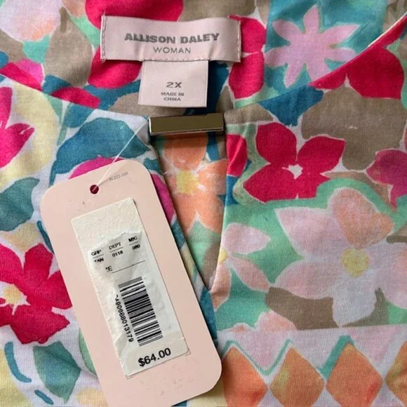 Allison Daley Womens 2X Tunic Patchwork Pastels 3/4 Sleeve Handkerchief Hem NWT - Picture 5 of 7